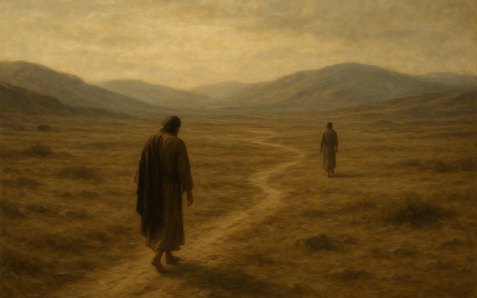 Two figures walking the same path across open country, some distance apart.